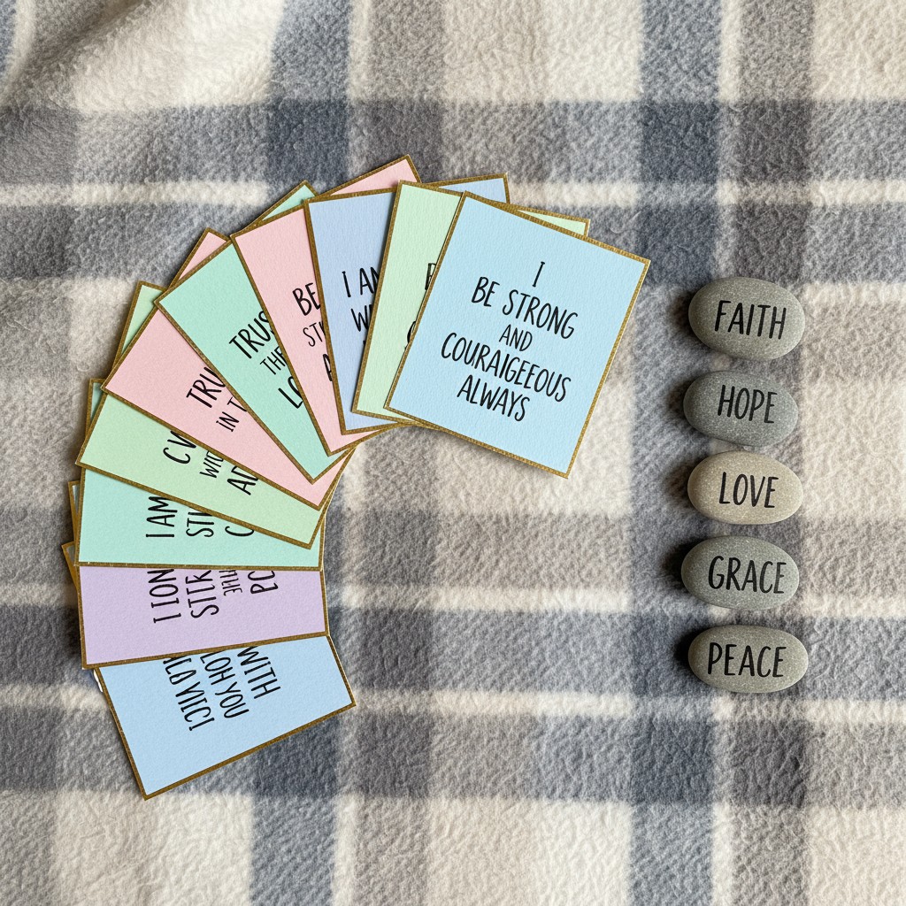 A set of rainbow-colored encouragement cards paired with gray stones adorned with positive words, placed on a grey/orange/...