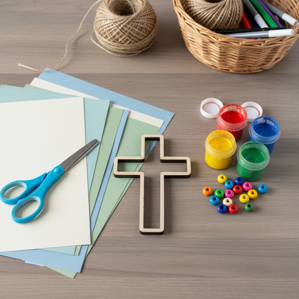 A collection of art supplies, including scissors, paper, paint, and a cross decoration on a wooden table, possibly for cra...